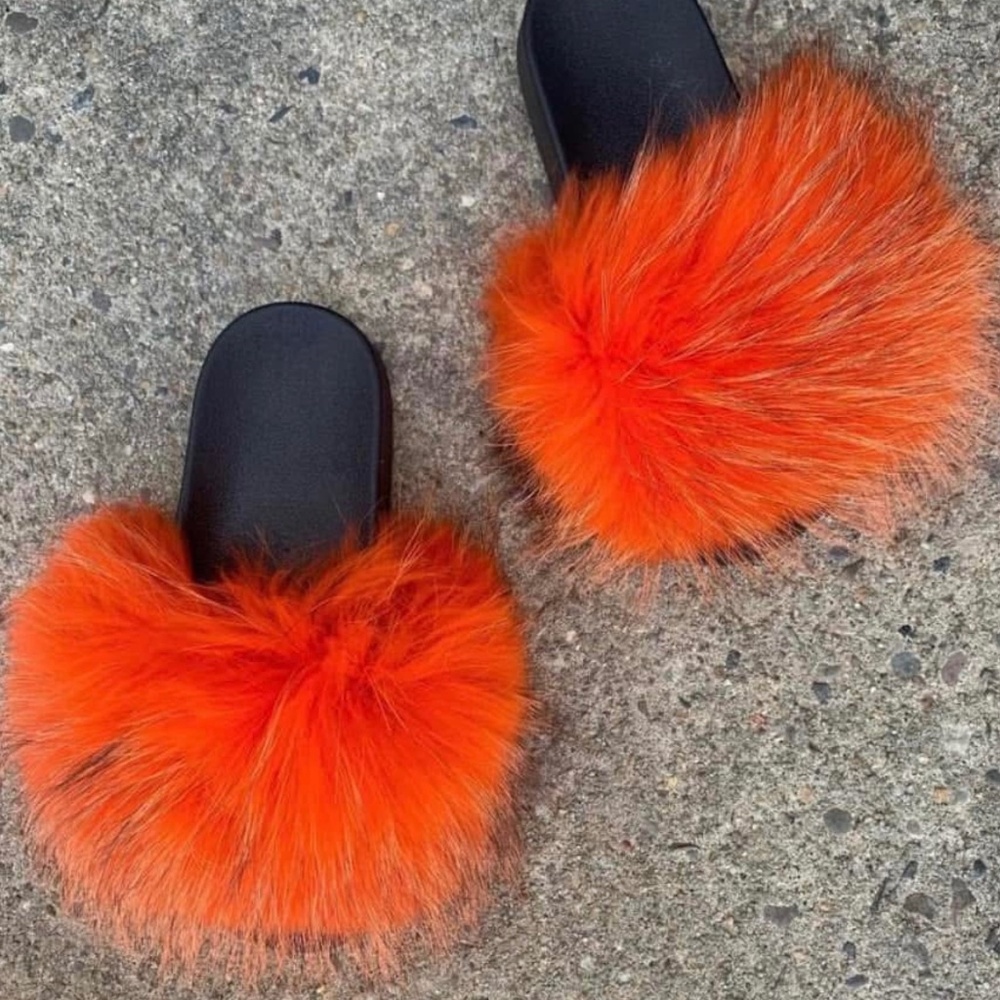 Orange Real Fur Slides Sizes 6.5,7,7.5,8,8.5 Only - image 1